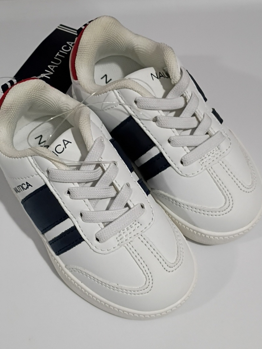 NAUTICA Kids White Sneakers with Navy Stripes and Red Heel Trim - SIZE 6 Toddler